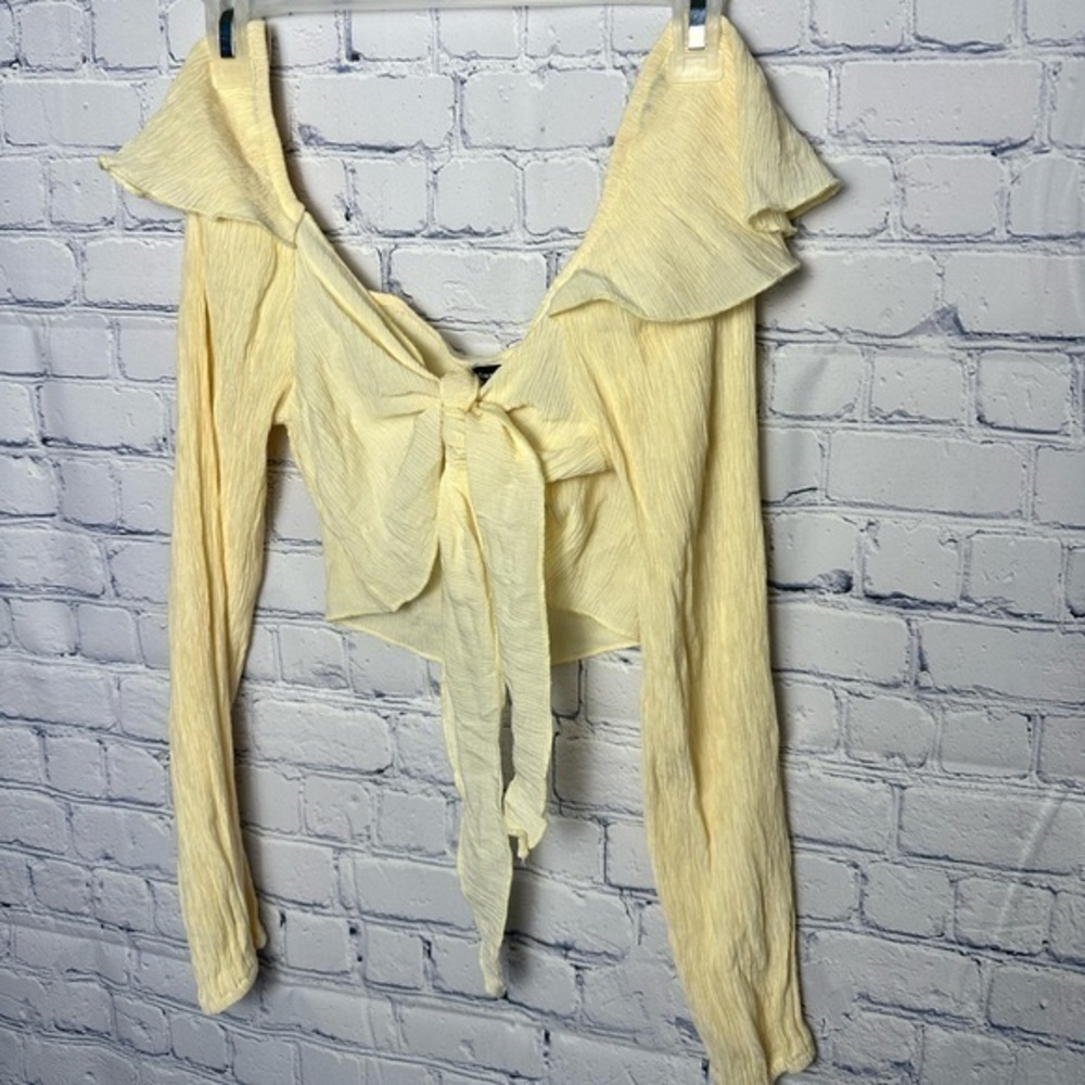 Adorable pale yellow sheer long sleeve crop top with tie waist